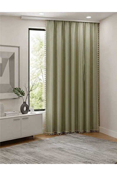 linea natura home Çizgili Yeşil Püsküllü Vintage Krem Keten Fon Perde - Korni...