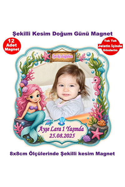 Elara Tasarım Deniz Kızı Temalı 12 Adet Fotoğraflı Kişiye özel Doğum Günü Mag...