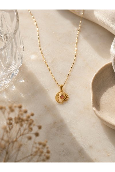 Gökkuşağı Sepeti Steel Sun and Moon Figured Gold Color Minimal Women's Necklace with Pink Stone Detail, Daily and Special Occasion Jewelry