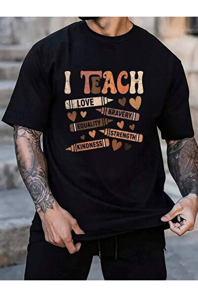 45 BPM تي شيرت رجالي أسود برقبة دائرية من القطن 100%، بتصميم 'I Teach Teacher...
