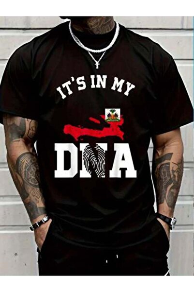 LİNA06 قميص قطني 100% بتصميم علم هايتي في DNA لي، قميص بأكمام قصيرة للرجال وا...