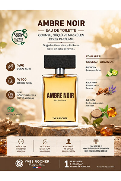 Yves Rocher Ambre Noir Odunsu ve Oryantal Notalı Güçlü Erkek Eau de Toilette ...