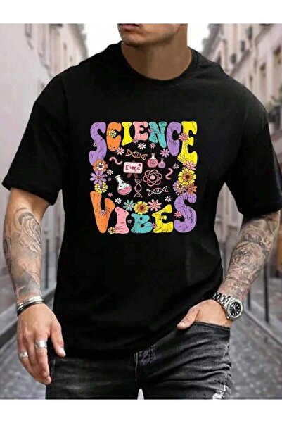 9TAY تي شيرت رجالي أسود من القطن 100% بتصميم Science Vibes Retro للعودة إلى ا...