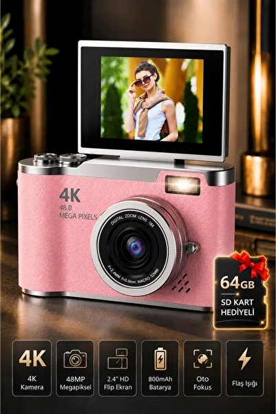 Rabbit Tech 4K Dijital Fotoğraf Makinesi 48MP Flip Ekranlı 8X Zoom Flaşlı 64G...