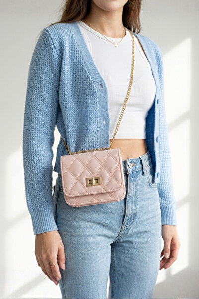 Berlesi Pink Mini Chain Strap Quilted Shoulder and Crossbody Bag