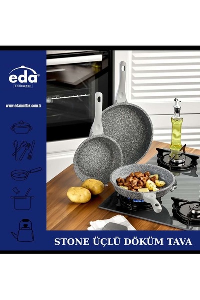 Eda Stone Gray Granite Cast Iron 3-Piece Pan Set 20-24-28 cm Zk-921
