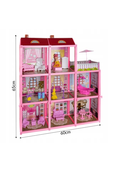 ISO TRADE Casă de păpuși vilă cu 3 etaje și balcon, mobilier pentru casă de p...
