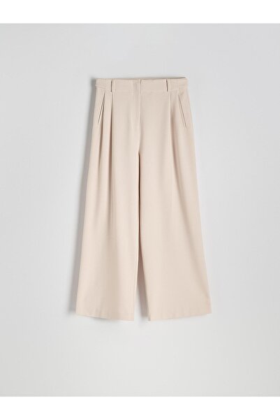 NO BRAND Pantaloni clasici bej, netezi, lungi, cu picior larg, cu nasturi, mă...