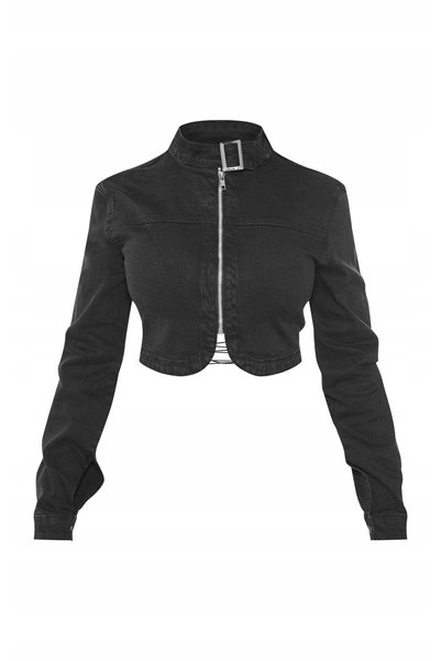 NO BRAND Jachetă de blugi neagră cu mânecă lungă și fermoar Prettylittlething 40