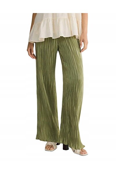 NO BRAND Pantaloni lungi verde plisati, largi, cu talie înaltă, clasici, Rese...