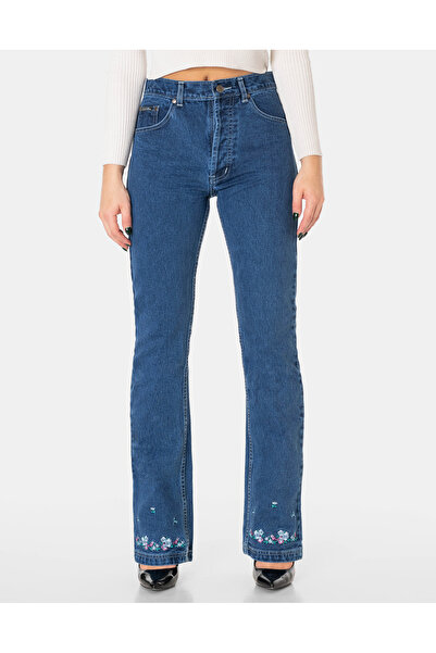 NO BRAND Pantaloni de damă Dzwony Jeans, croială largă, evazată, cu flori 100...