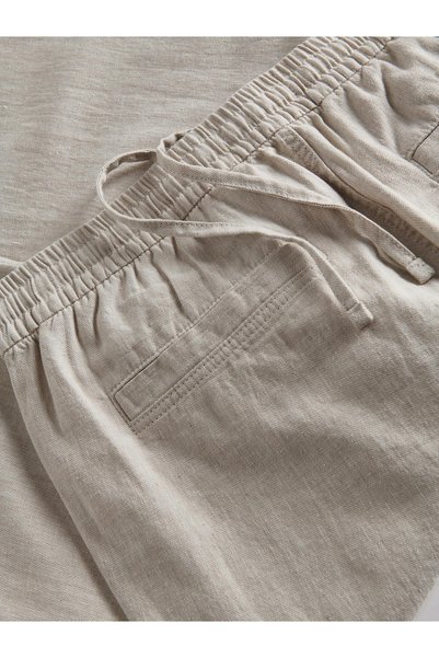 NO BRAND Pantaloni clasici simpli bej cu talie elastică din in și buzunare, m...