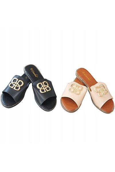 NO BRAND Șlapi de damă bej cu cataramă, tip slip-on, talpă plată, din piele e...
