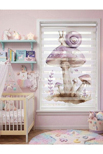 AD Home ADHOME Mor Mantarlı Sevimli Salyangoz Dijital Baskılı Zebra Perde | Ö...