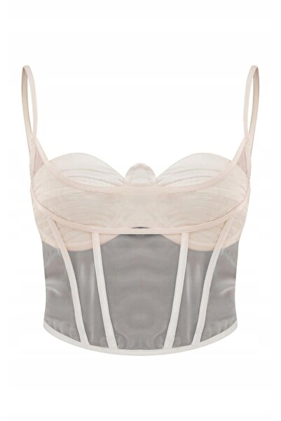 NO BRAND Top corset cremos din plasă de satin cu fermoar Prettylittlething 36