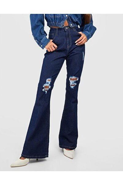 NO BRAND Blugi bleumarin cu talie înaltă, evazați, cu rupturi, Boohoo 38