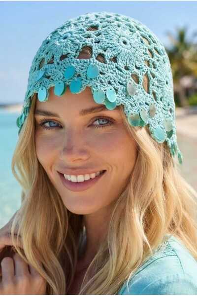 Mood Agenda Women's Sequin Decorated Knitted Beanie with Mesh Texture Bohemia...