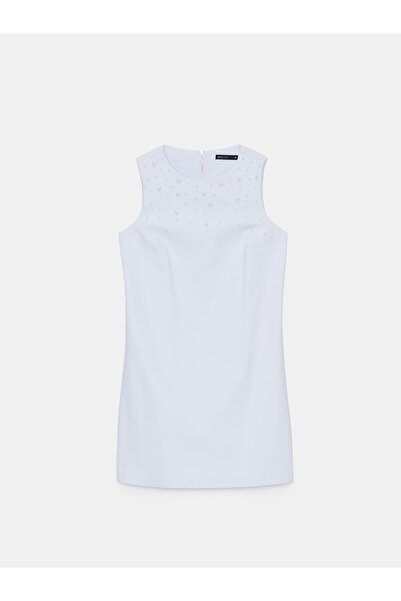 NO BRAND Rochie mini simplă, clasică, decorată cu perle albastre, cu fermoar,...