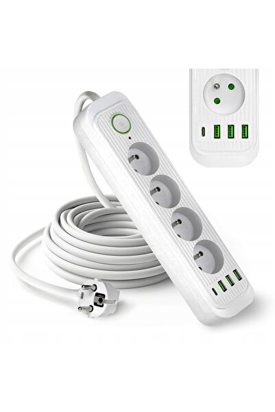NO BRAND Prelungitor cu 4 prize, 5m, cu împământare și întrerupător + 3x USB ...