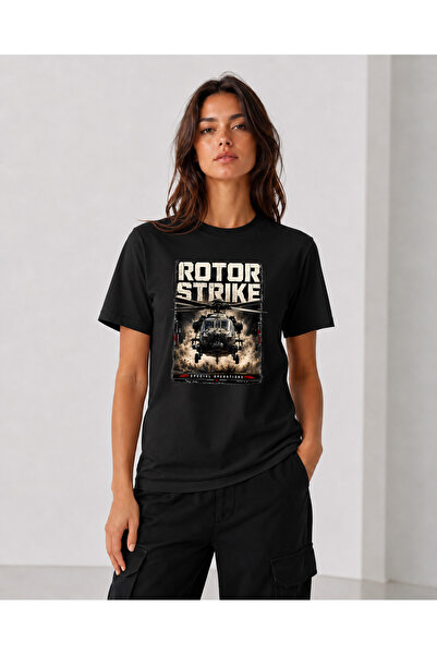 chaygoy Unisex Relaxed Fit Siyah Sıfır Yaka Tişört, Rotor Strike Özel Harekât Helikopteri Baskılı