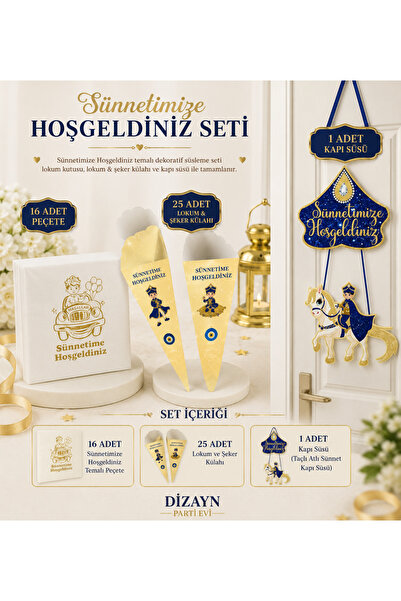 Dizayn Parti Evi Sünnetimize Hoşgeldiniz Gold Temalı Kapı Süsü Peçete Lokum v...