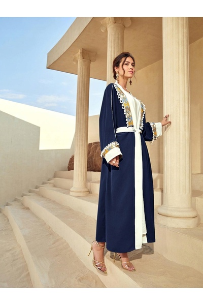 NO BRAND Shein 38 Kimono lung, lejer, bleumarin, cu broderie și franjuri, dec...
