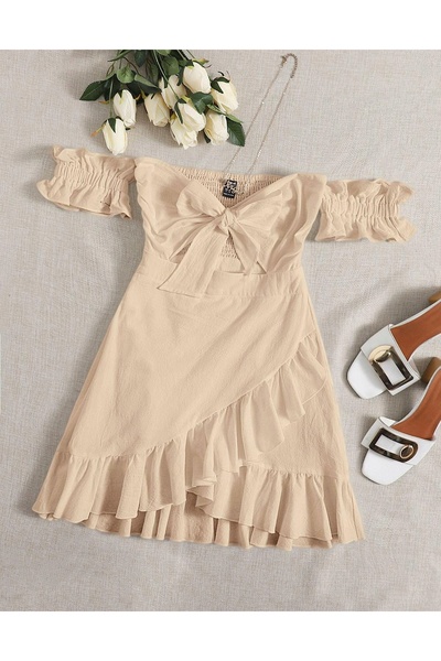 NO BRAND Shein Rochie mini bej din bumbac cu volane și umerii goi 34
