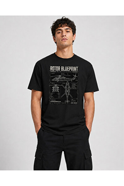 chaygoy Unisex Relaxed Fit Siyah Sıfır Yaka Tişört, Rotor Blueprint Askeri Helikopter Teknik Çizim Baskılı