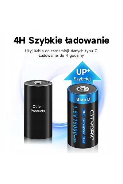 NO BRAND 2x Baterie reîncărcabilă de 1.5V, tip D, reîncărcabilă prin USB, lit...