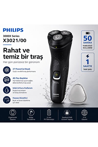 Philips 3000X Serisi Islak&Kuru Tıraş Makinesi, 3 Yönde Dönen Başlıklar, Hass...