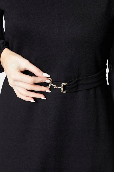 NO BRAND Rochie midi neagră, mâneci lungi, detaliu cu cataramă transparentă, ...