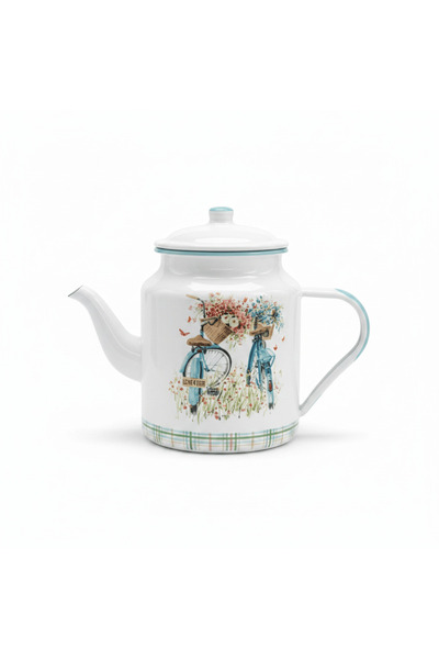 AKDC White Enamel Kettle with Floral Bicycle Print - 20 × 13 cm