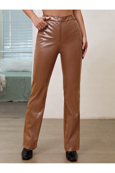 NO BRAND Pantaloni clasici lungi, drepți, maro, din imitație de piele, cu tal...