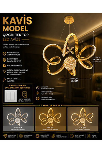 mubeda aydınlatma Kalın Çizgili Kavis Model Kristal Taşlı Tek Toplu Gold LED ...