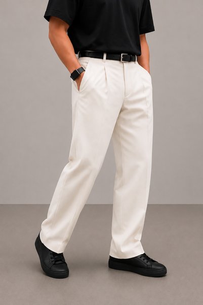 Montivo Men's White Premium Wide Leg Elastic Waist Fabric Trousers