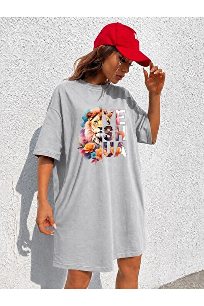 classy moda Women's Extra Long Oversize Lion Printed Tunic T-Shirt with Flora...