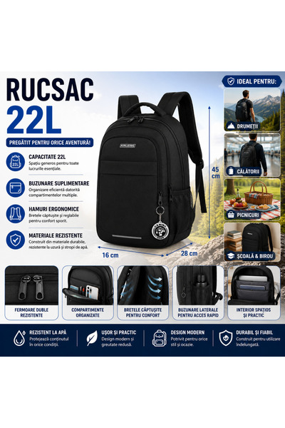 SMARTECH Rucsac 22 L, Compartimente multiple, Rezistent, Confortabil, Pentru ...