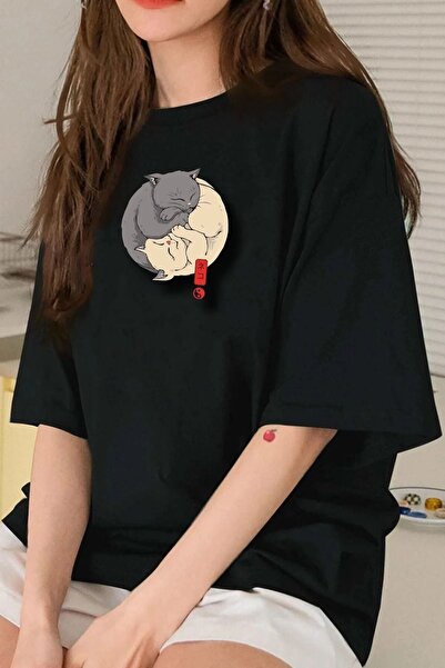 yombaa Unisex μπλουζάκι με στάμπα Ying Yang Cat Oversize