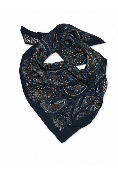 Avoria Unisex Lacivert Şal Desenli %100 Pamuk 50x50 cm Fular Bandana