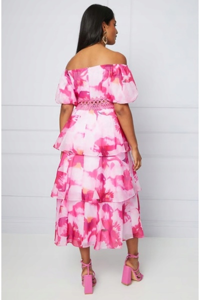 NO BRAND Rochie Midaxi Roz Clasic cu Model, cu Umerii Goi și Volane, Oasis 40