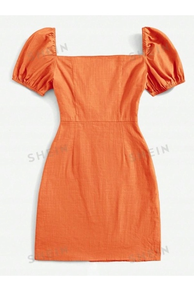 NO BRAND Rochie Portocalie Clasică Mini Mâneci Bufante Shein 34
