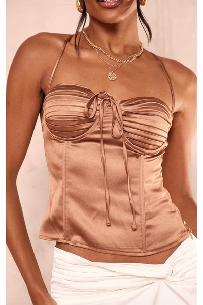 NO BRAND Top corset din satin maro cu bretele cu șireturi prettylittlething 32