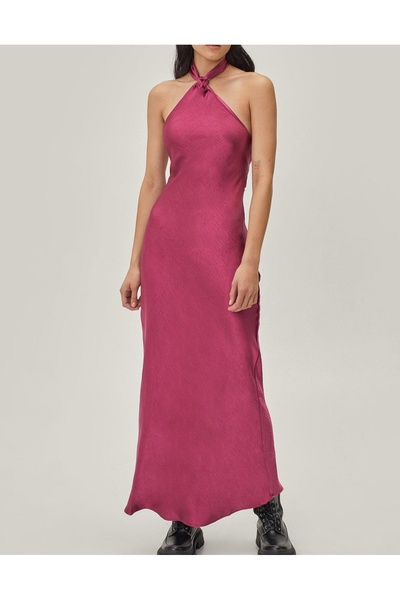 NO BRAND Rochie de satin roz, netedă, nuanță zmeură, maxi, mărimea 40