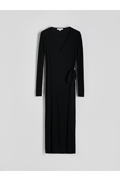 NO BRAND Rochie neagră tricotată, netedă, din viscoză, lungime midi, cu decol...