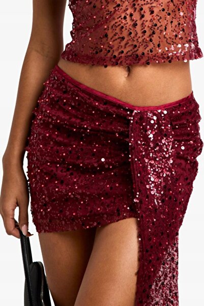 NO BRAND Fustă mini cu paiete, bordo, talie medie, simplă, clasică, boohoo 38