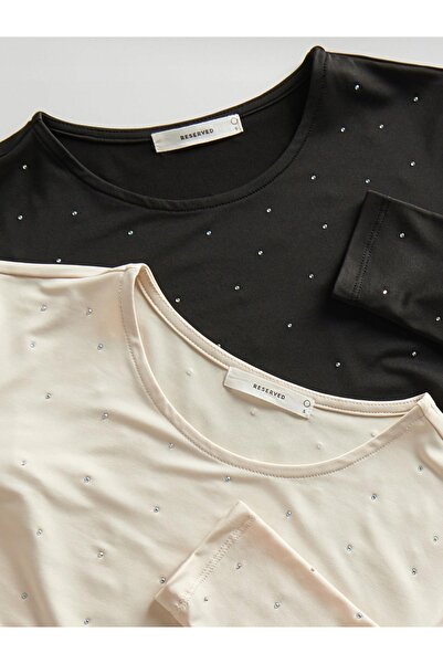 NO BRAND Tricou clasic bej cu mânecă lungă, cu decorație Jettye, guler rotund, S