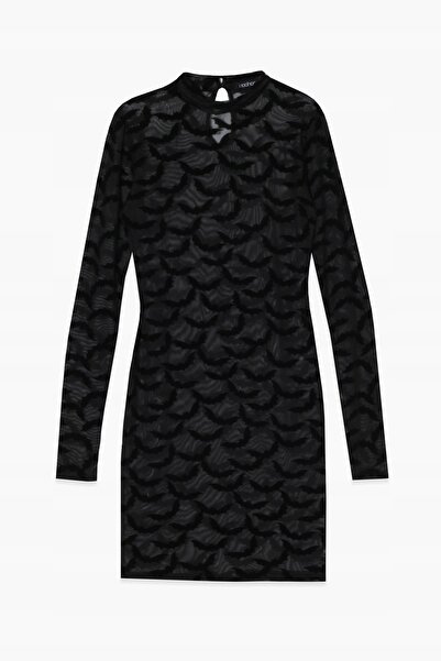 NO BRAND Rochie mini mulată neagră din plasă, cu model, cu mânecă lungă, Booh...