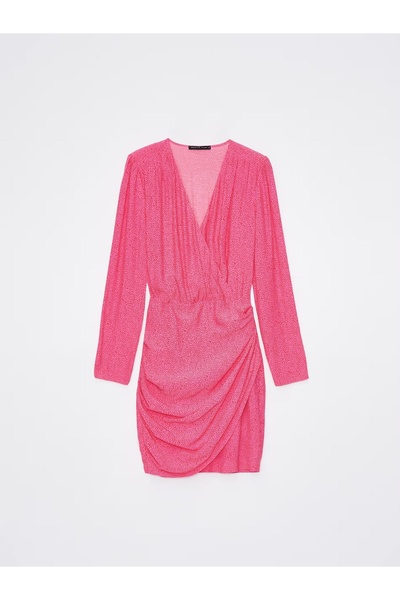 NO BRAND Rochie mini roz, cu mâneci lungi, decolteu petrecut, volane, 40