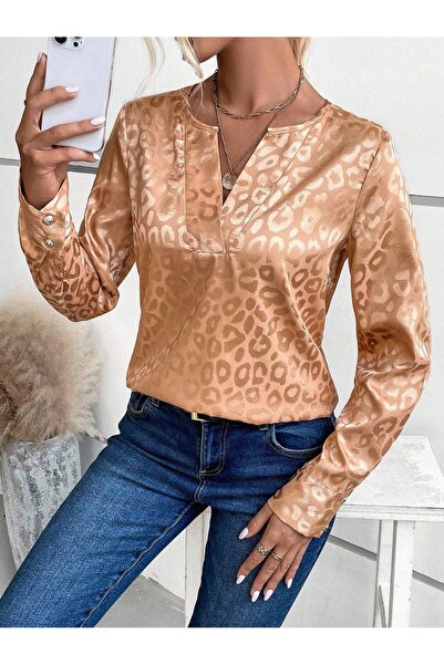 NO BRAND Bluză maro satinată cu mânecă lungă și imprimeu cu model de aripi Sh...