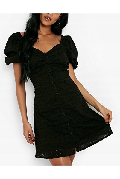 NO BRAND Rochie neagră decupată, stil boho, mini, cu mâneci scurte bufante, B...